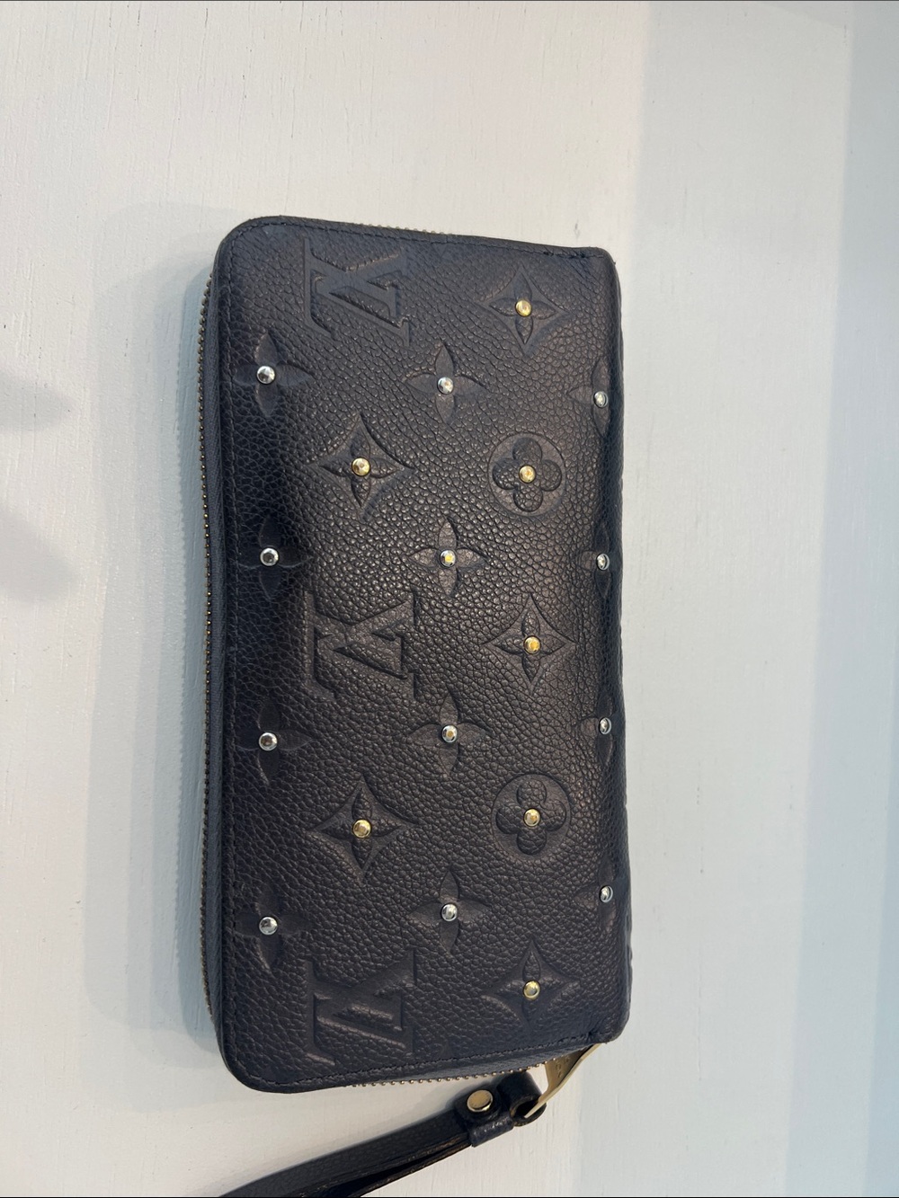 Louis Vuitton Black Embossed Monogram Zip-Around Wallet with Stud Accents